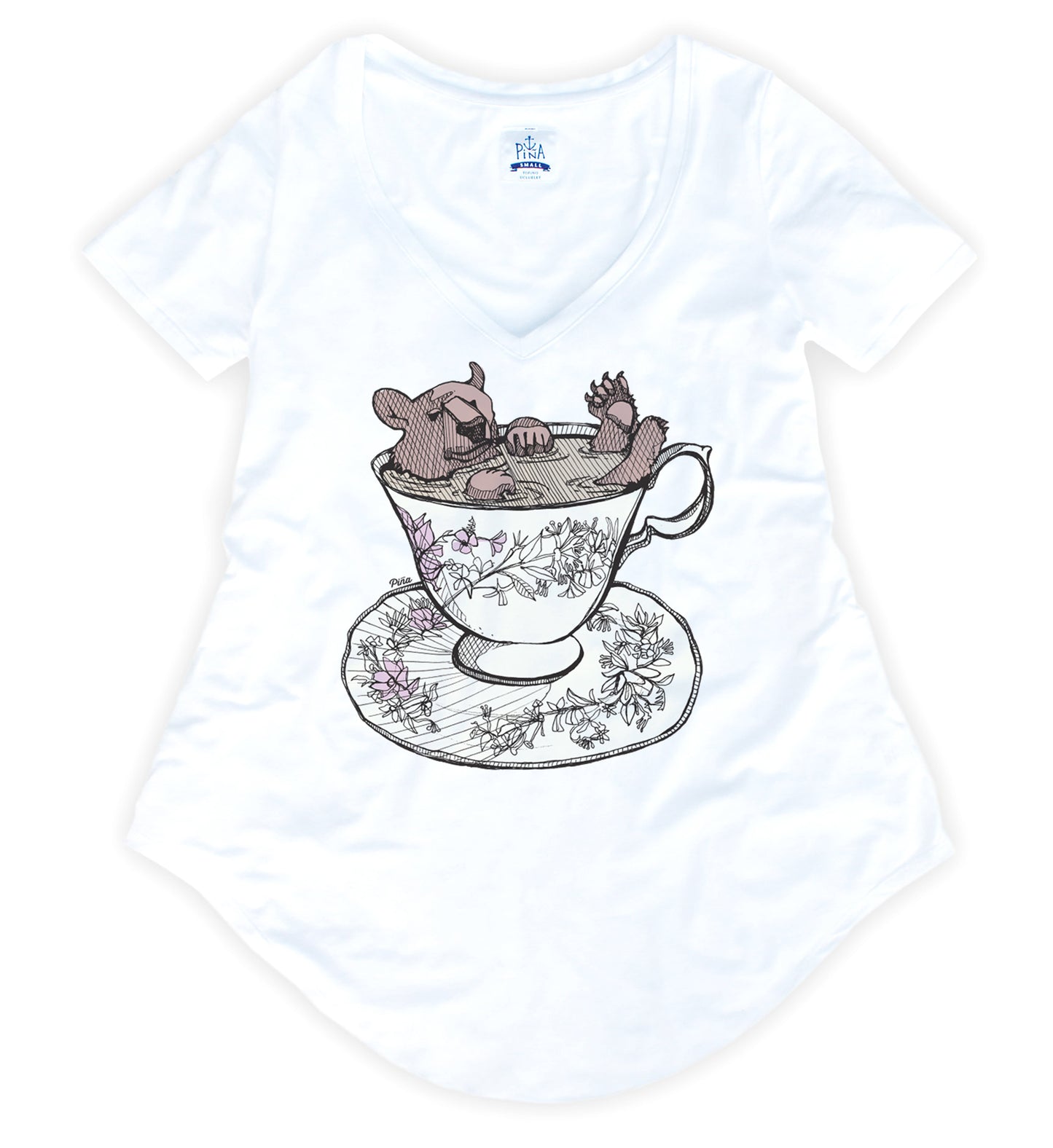 Bear in Teacup in Full Colour Bamboo V-Neck Tee