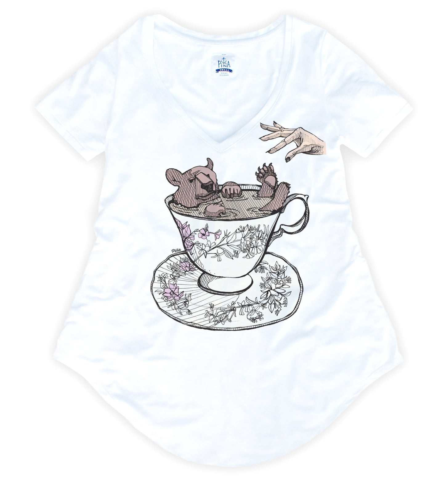 Bear in Teacup WIth Hand in Full Colour Bamboo V-Neck Tee