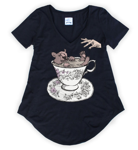 Bear in Teacup WIth Hand in Full Colour Bamboo V-Neck Tee