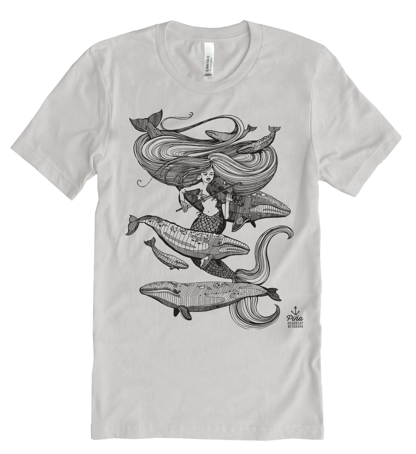 Mermaid Fiddling in Black Ink Unisex Cotton Jersey Tee