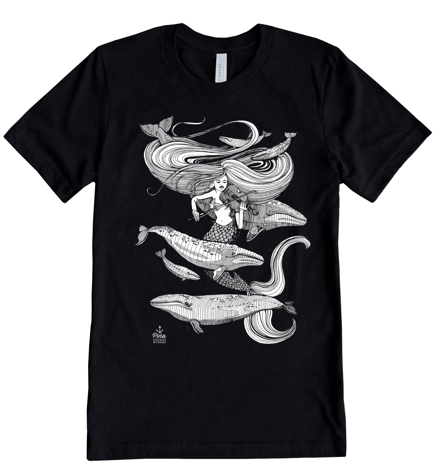 Mermaid Fiddling in White Ink Unisex Cotton Jersey Tee