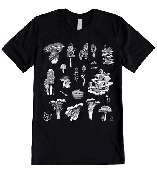 PNW Mushrooms In White Ink Unisex Cotton Jersey Tee