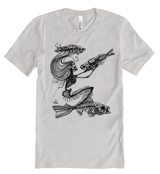 Skeleton Mermaid in Black Ink Unisex Cotton Jersey Tee