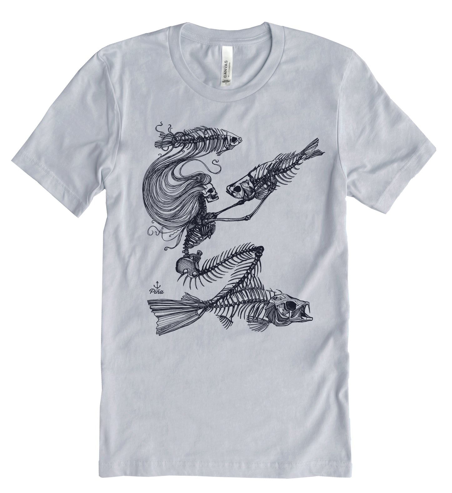 Skeleton Mermaid in Black Ink Unisex Cotton Jersey Tee