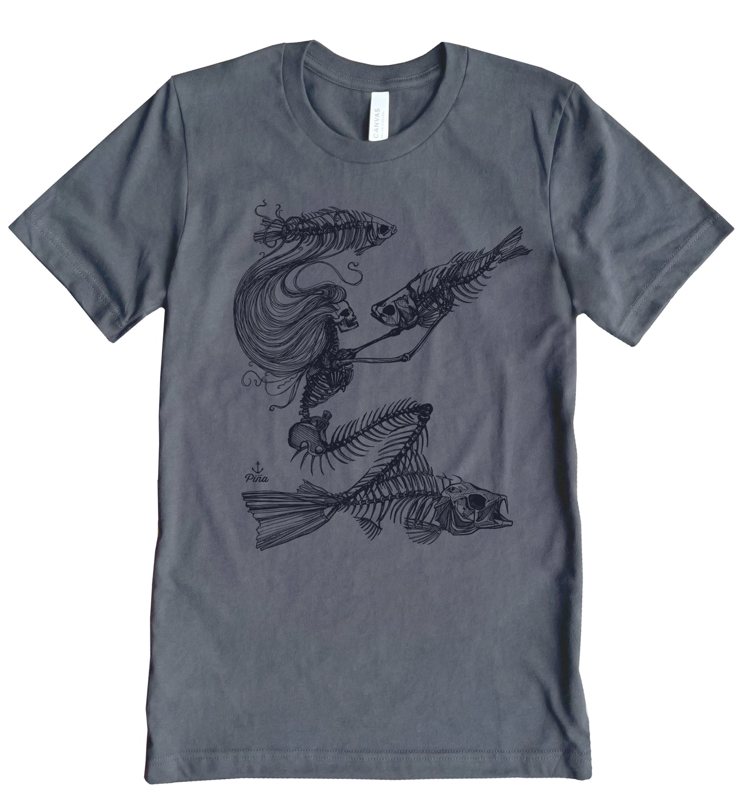 Skeleton Mermaid in Black Ink Unisex Cotton Jersey Tee