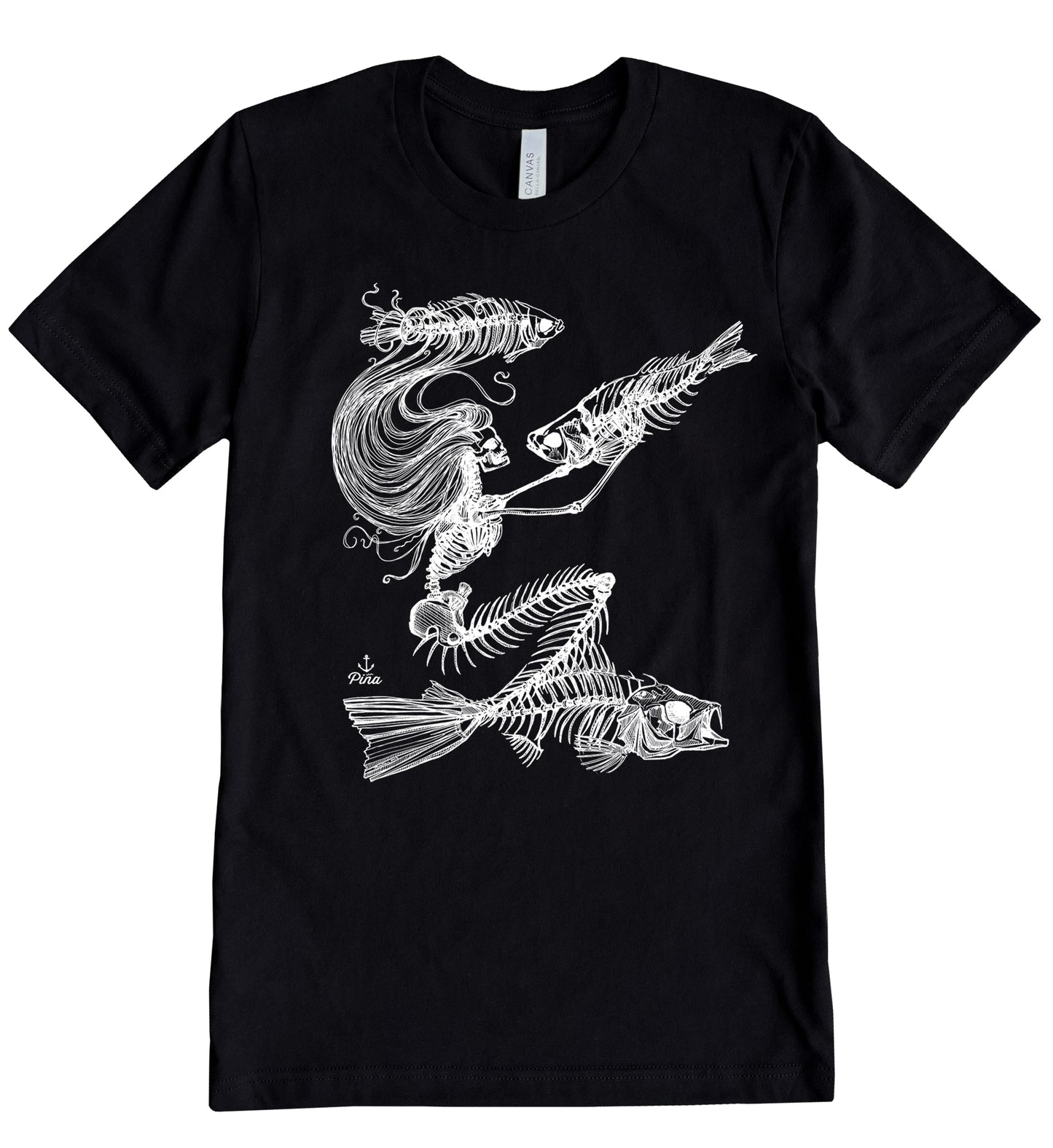 Skeleton Mermaid in White Ink Unisex Cotton Jersey Tee