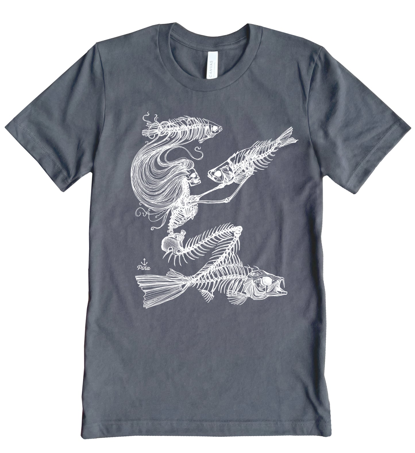 Skeleton Mermaid in White Ink Unisex Cotton Jersey Tee