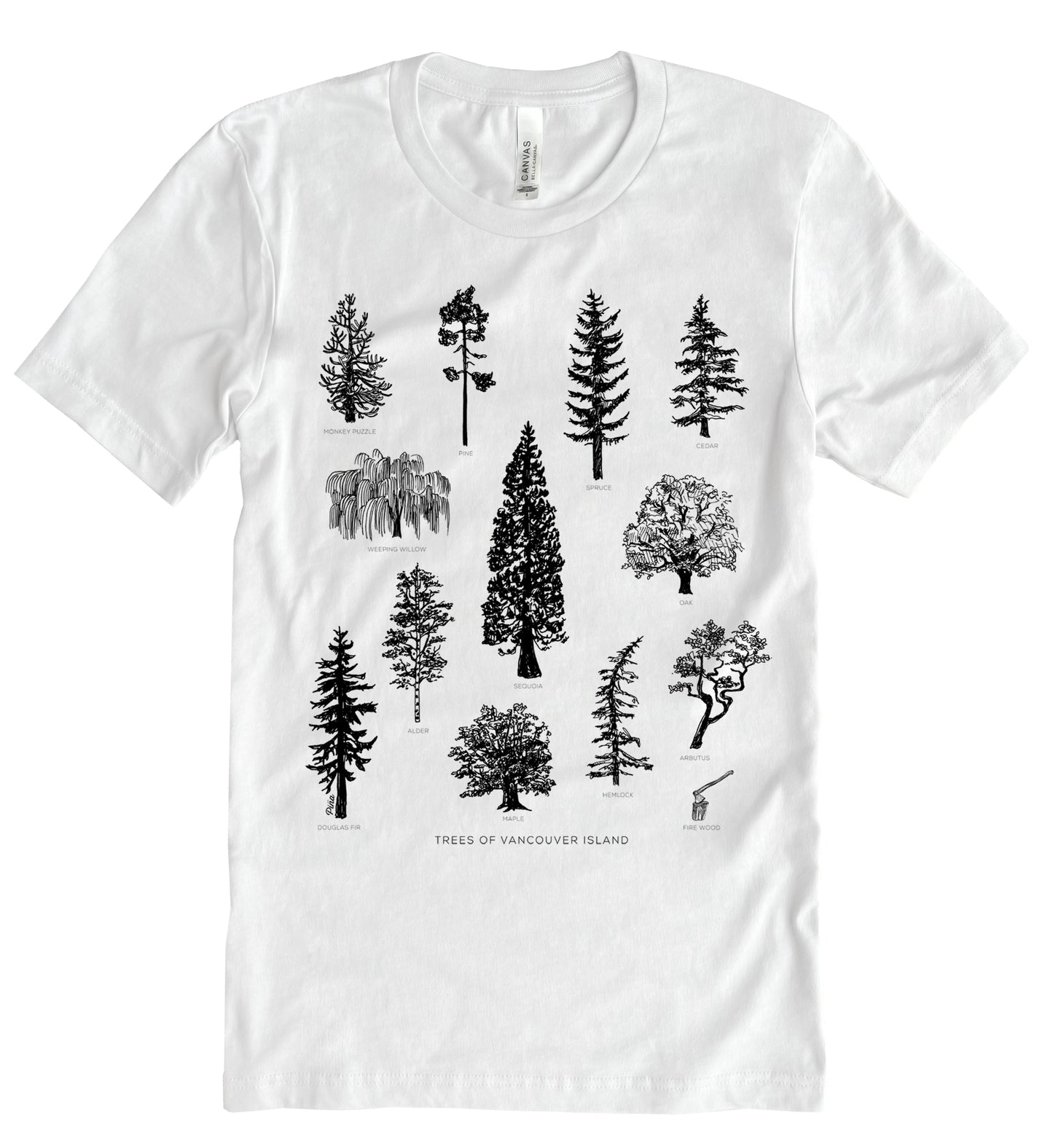 Tree Species in Black Ink Unisex Cotton Jersey Tee