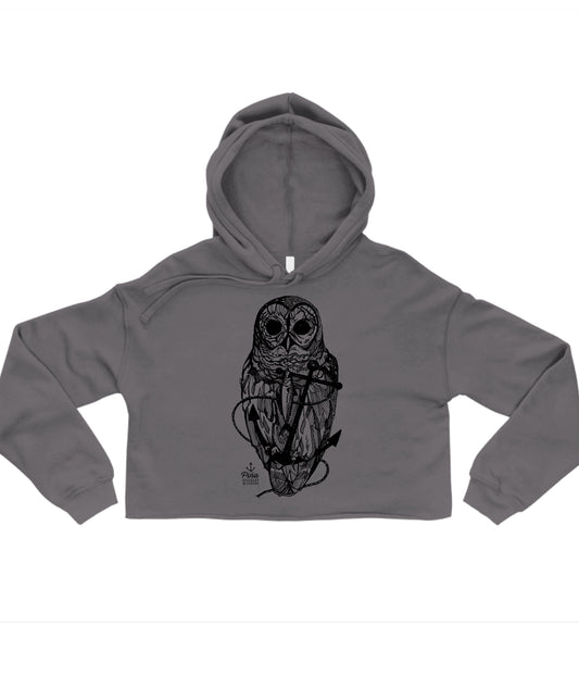 Owl and Anchor in Black Crop Hoodie