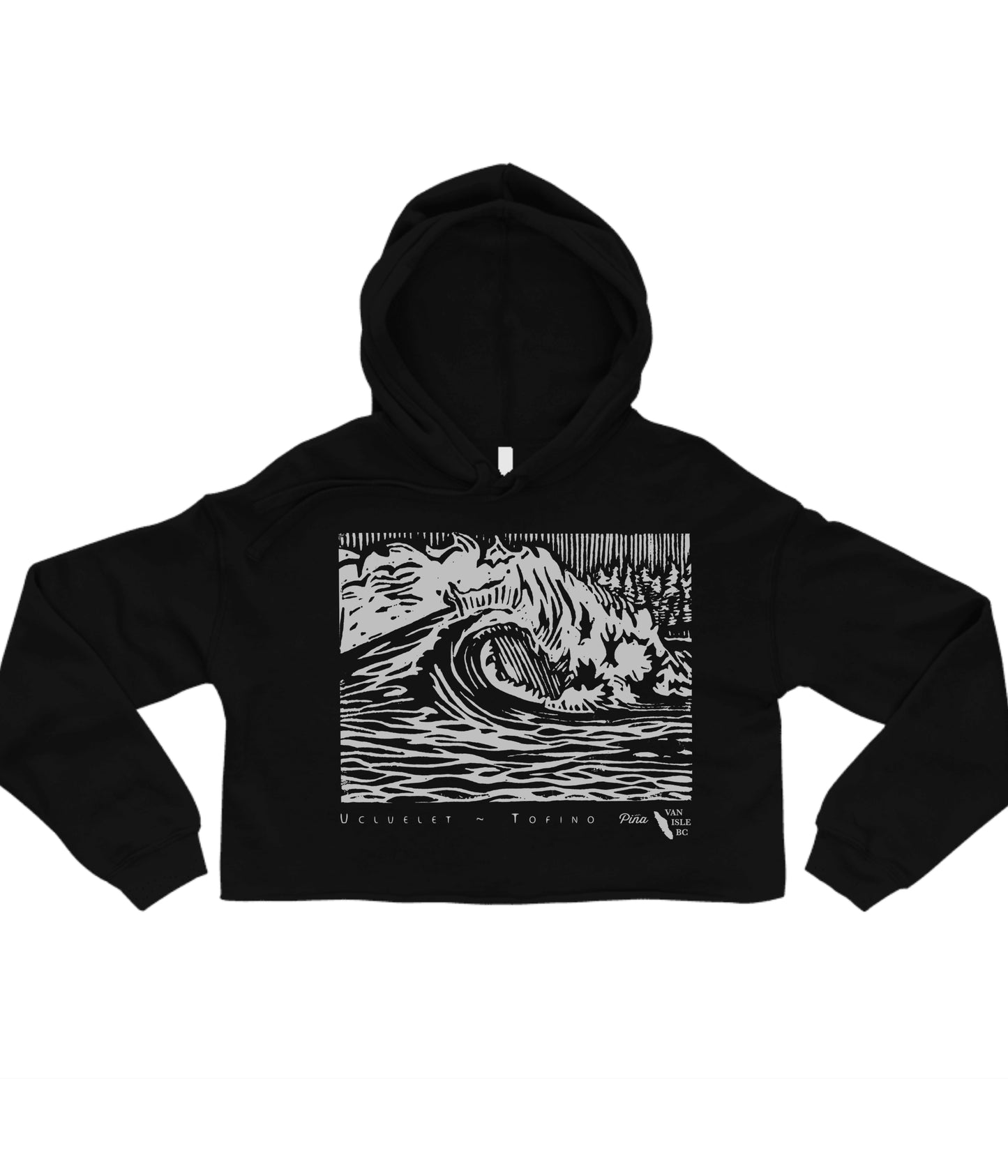 PNW Wave In White Ink Crop Hoodie