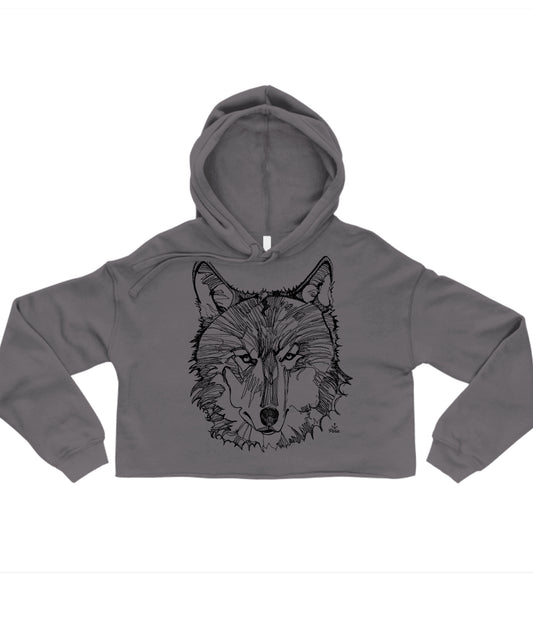 Wolf Face in Line Crop Hoodie