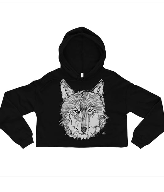 Wolf Face in White Crop Hoodie