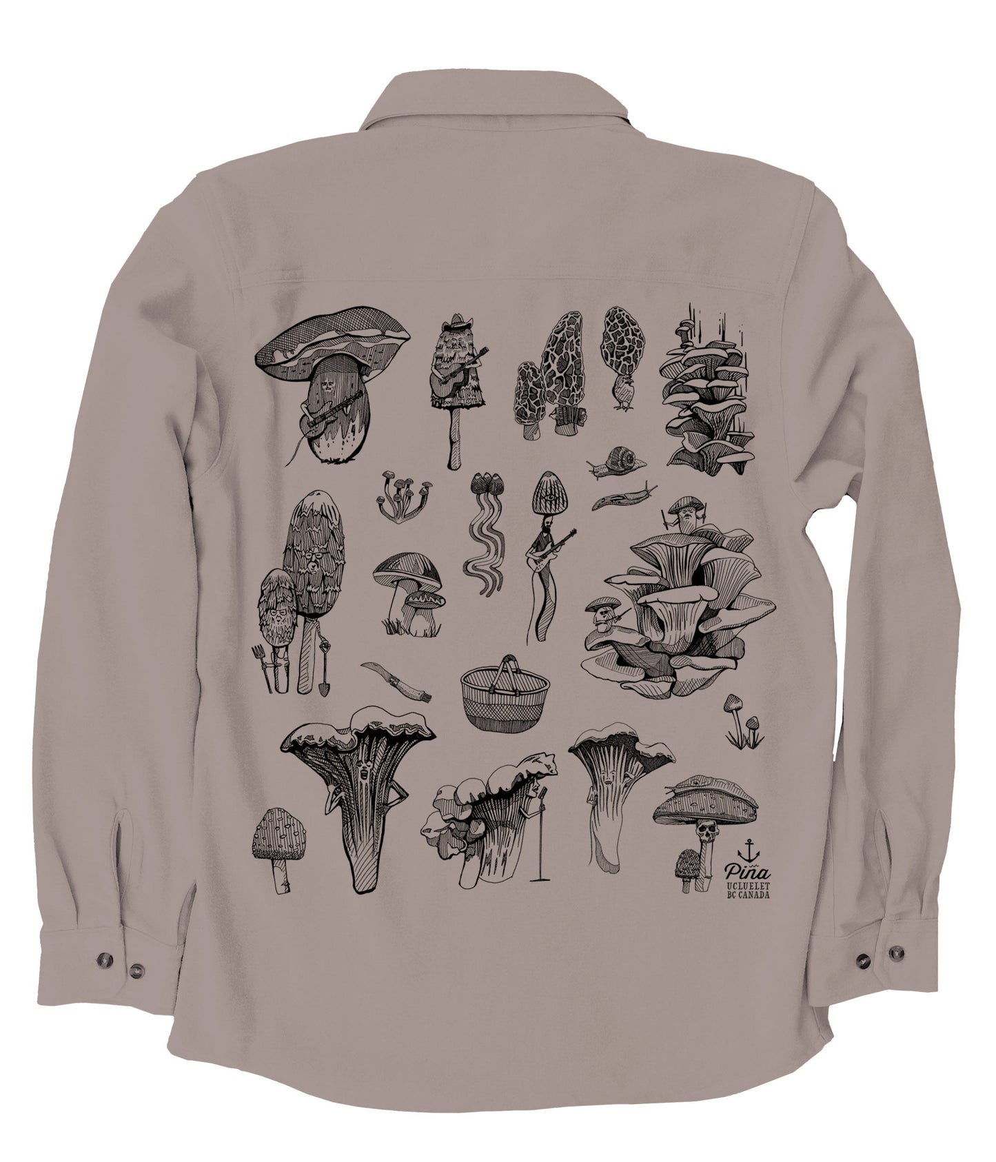 PNW Mushrooms in Black Ink Organic Cotton Flannel