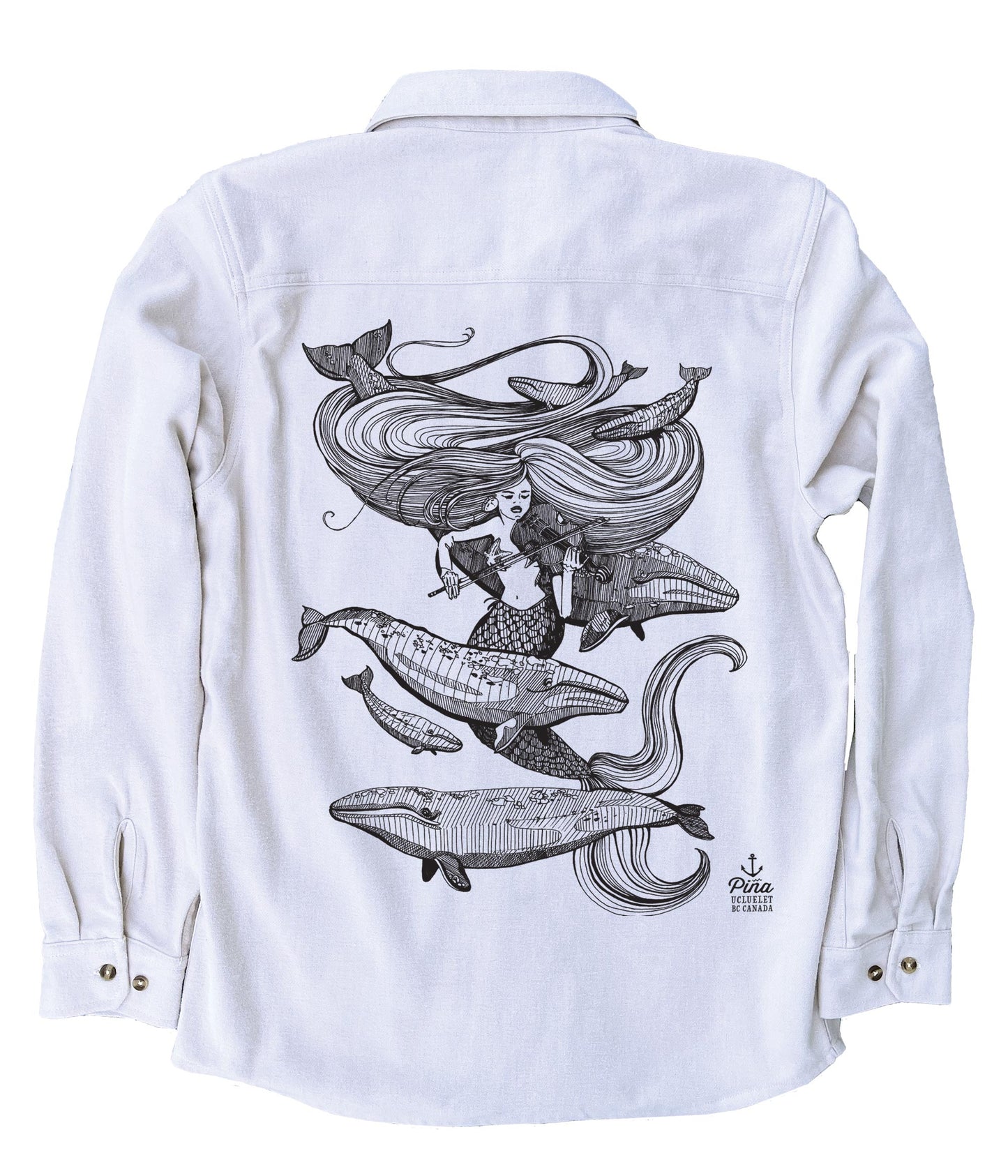 Mermaid Fiddling in Black Ink Organic Cotton Flannel