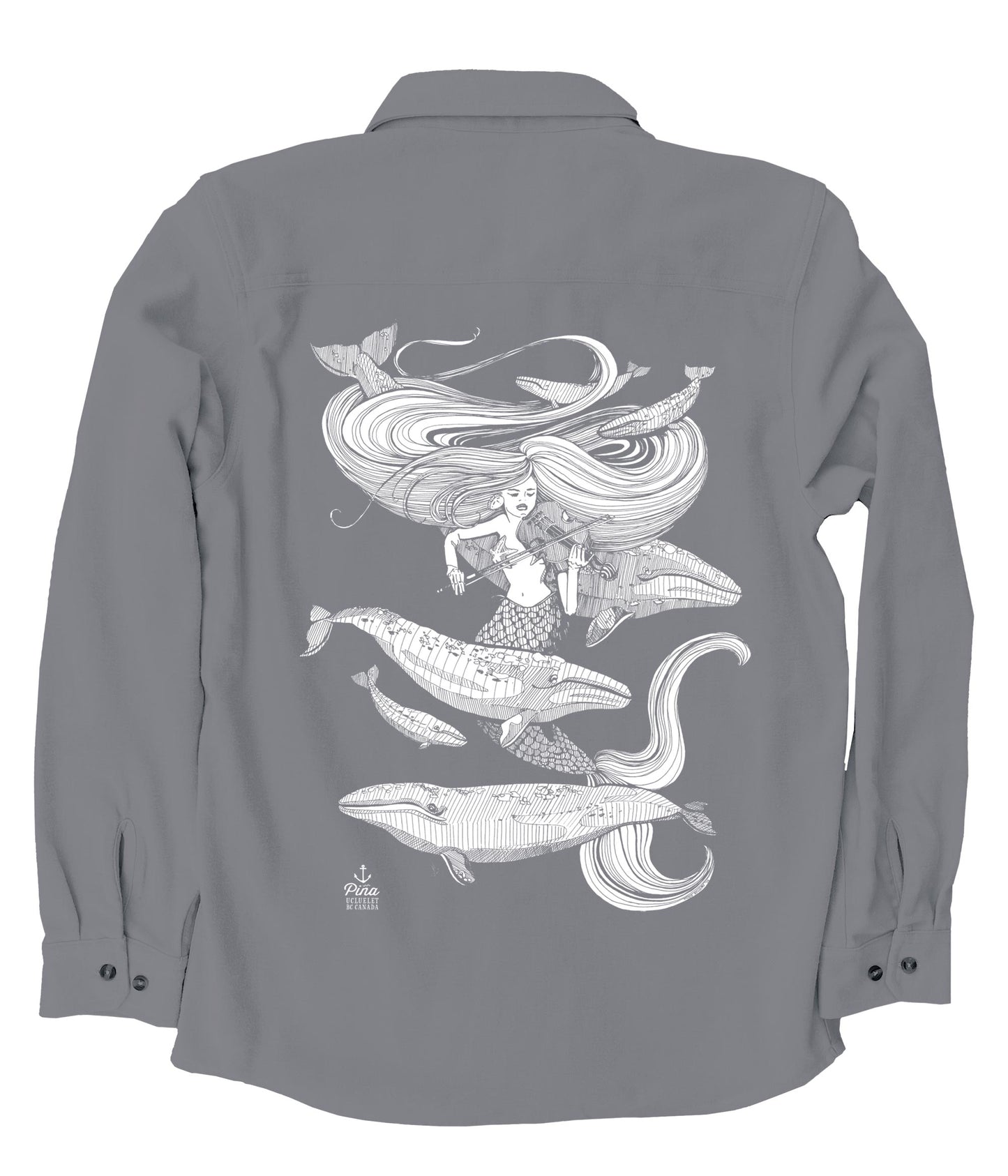 Mermaid Fiddling in White Ink Organic Cotton Flannel