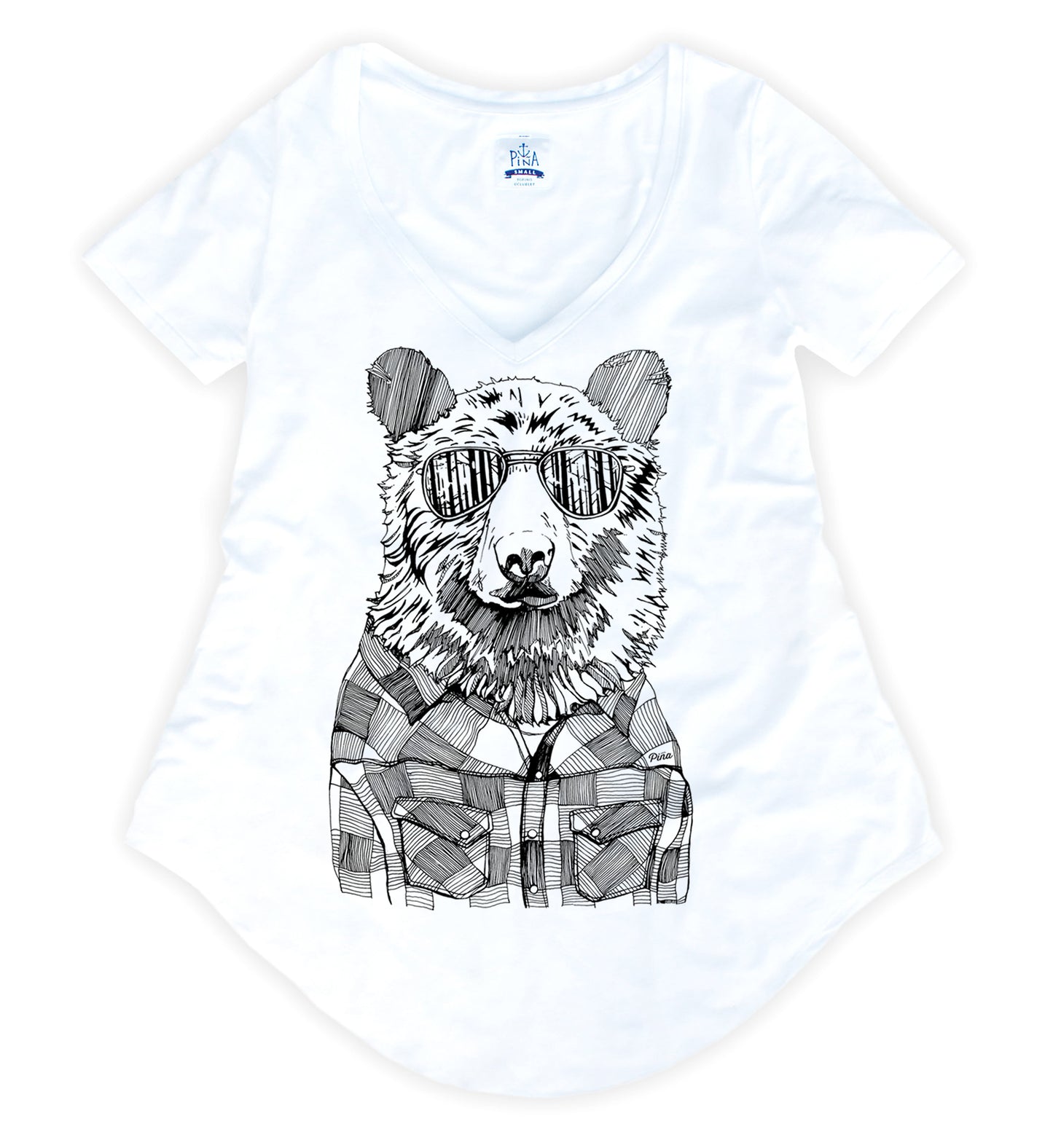 Hipster Bear in Black Ink Ladies Bamboo V-Neck Tee