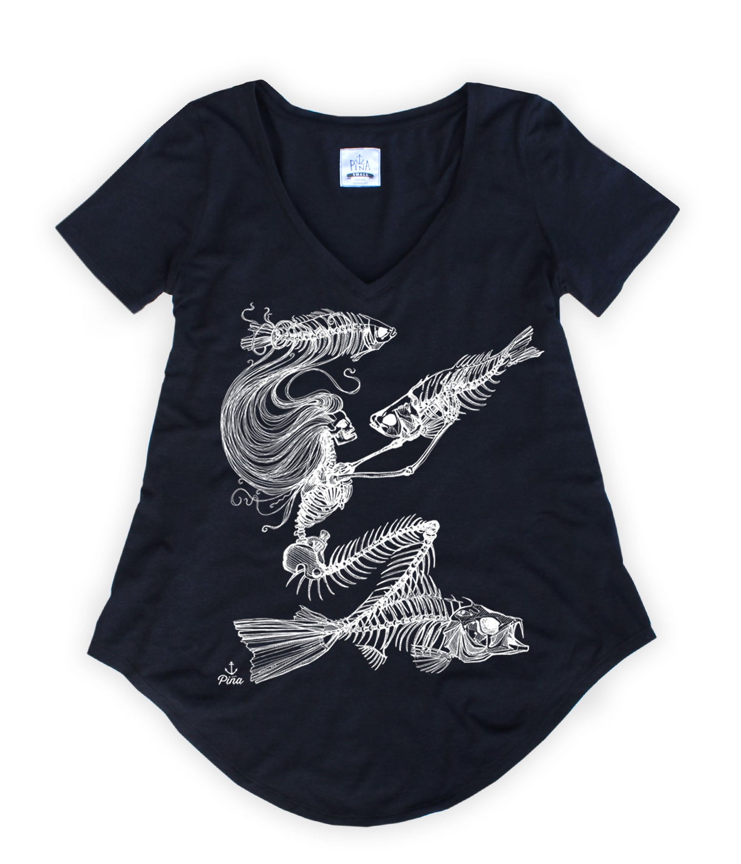 Skeleton Mermaid in White on a Bamboo V-Neck Tee