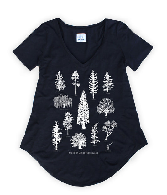 Tree Species of Vancouver Island in White on a Bamboo V-Neck Tee