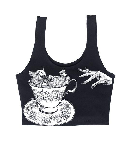 Bear in Teacup with Hand in White Ink Crop Tank