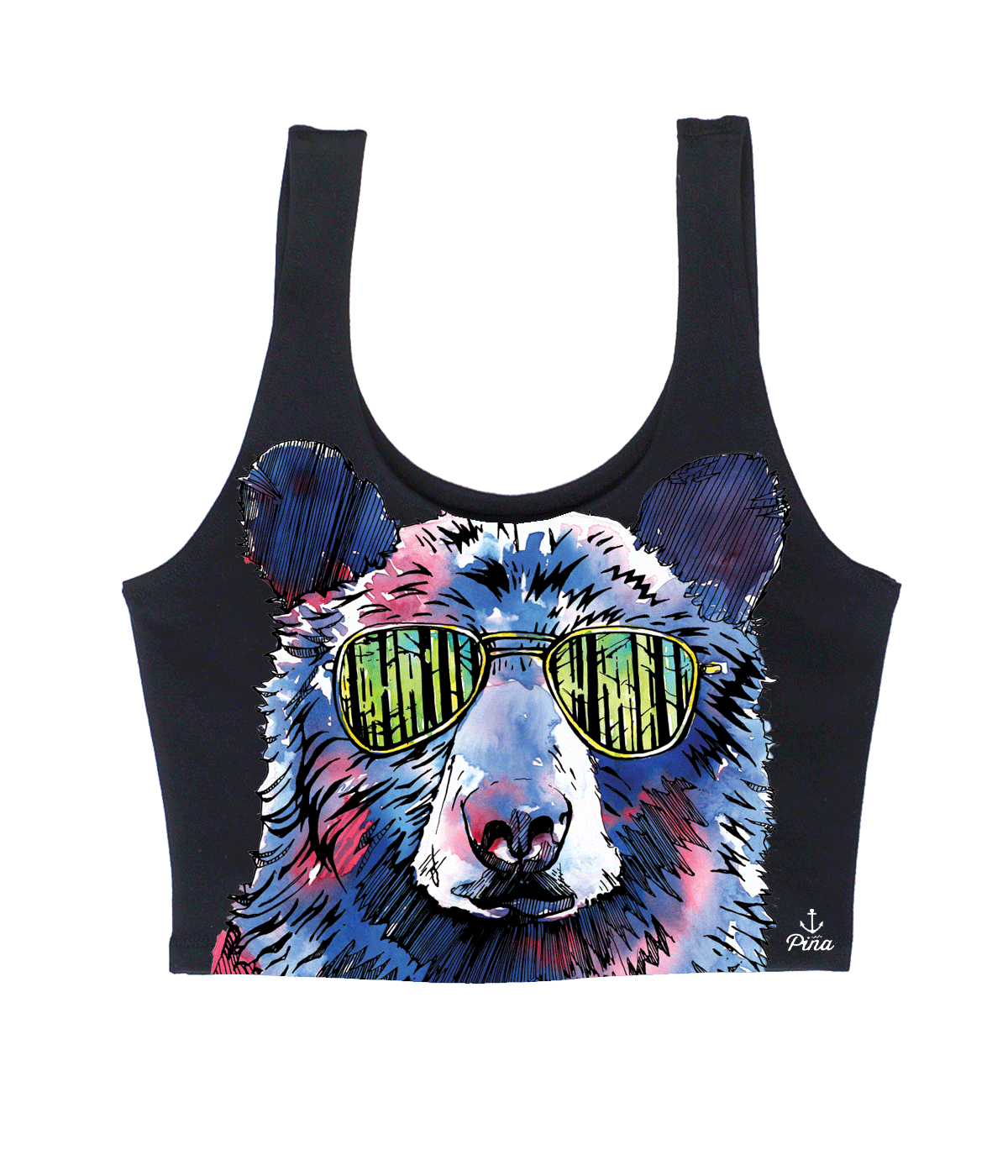 Hipster Bear in Colour On Black Crop Tank