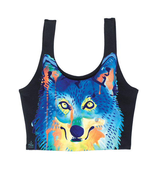 Watercolour Wolf Face in Colour Light on Dark Crop Tank