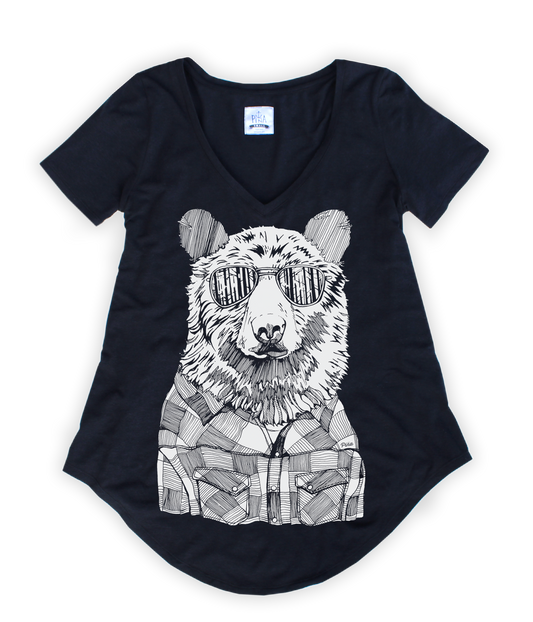 Hipster Bear in White Ladies Bamboo V-Neck Tee