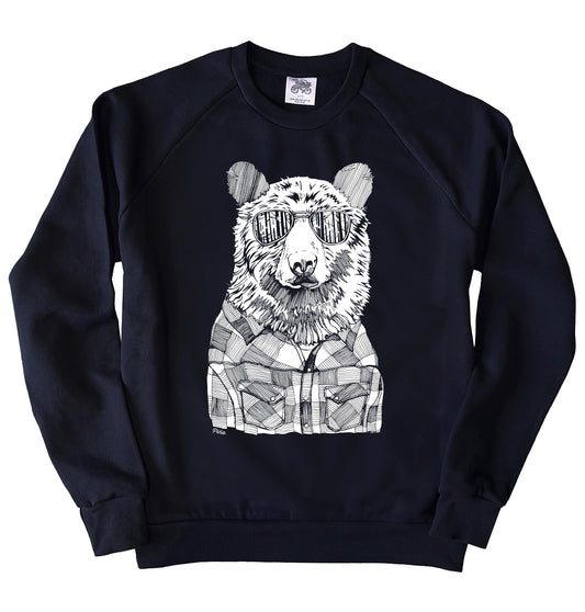 Hipster Bear in White Ink Organic Cotton Unisex Sweatshirt