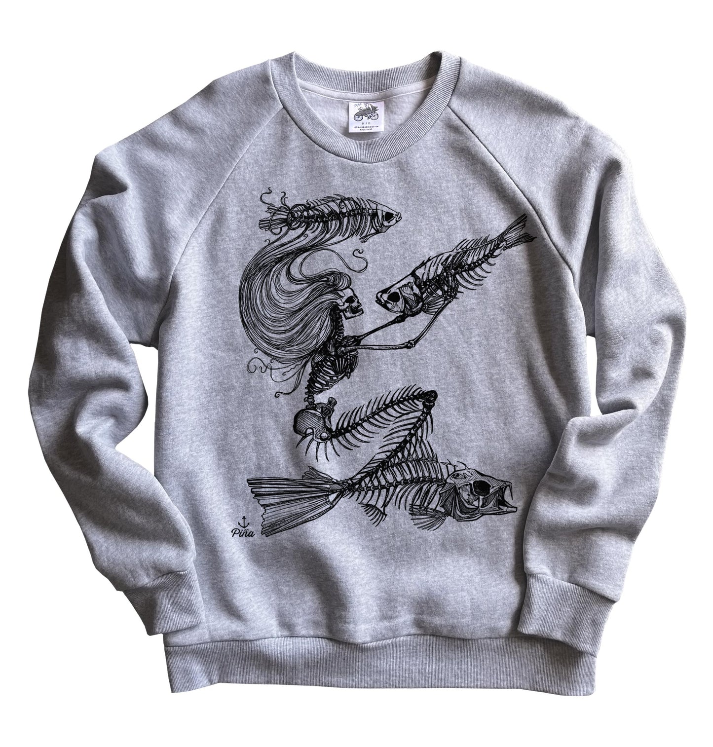 Skeleton Mermaid in Black Ink Organic Cotton Unisex Sweatshirt