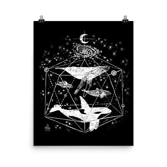 Galactic Whales White on Black Matte Poster