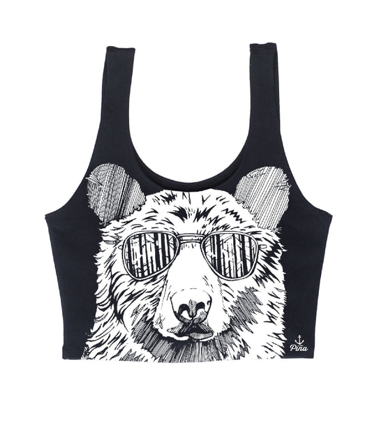 Hipster Bear in White Crop Tank