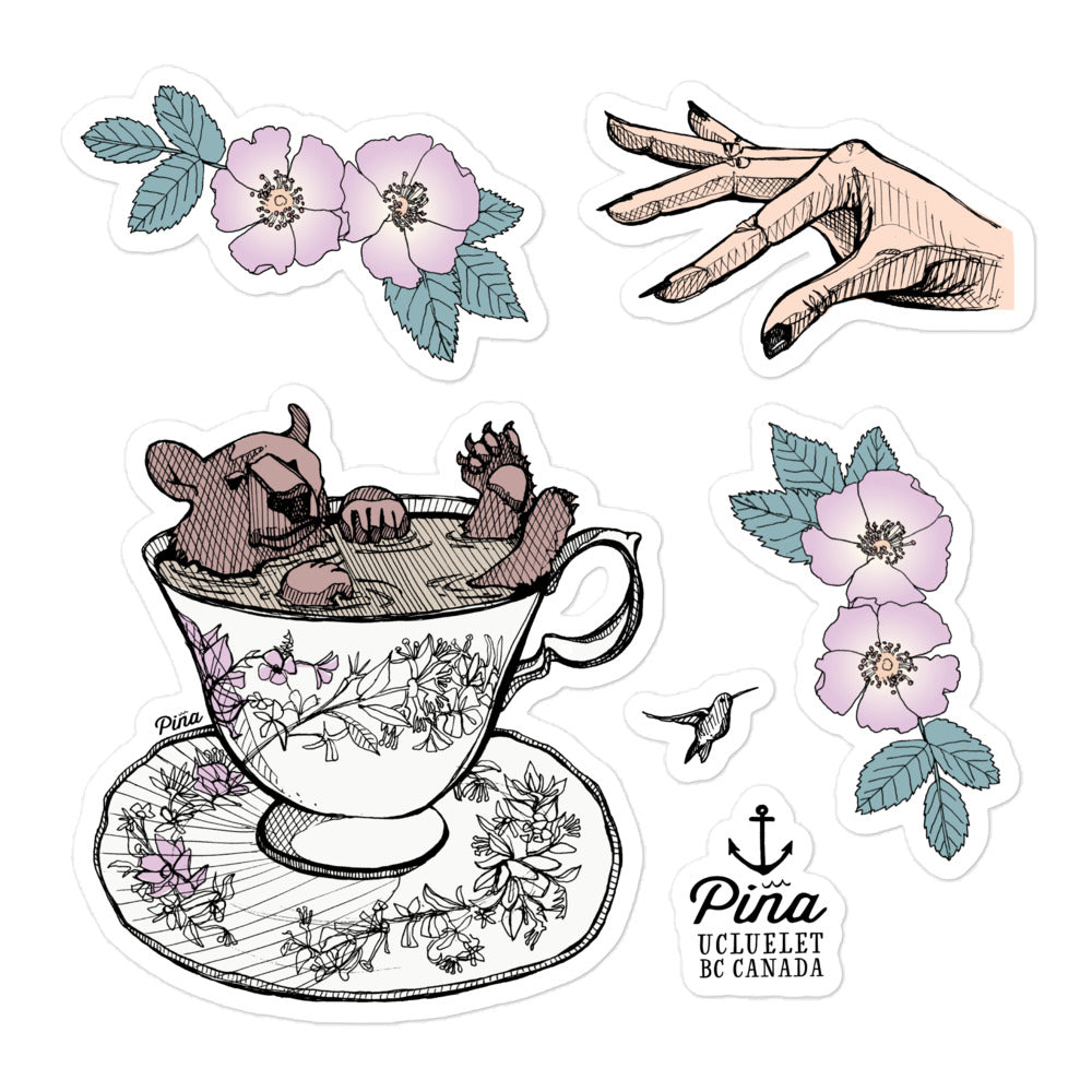 Bear in Teacup, Hand and Nootka Roses Sticker Sheet