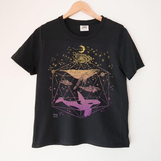 Galactic Whales in Colour Purple Gold Gradient Kennedy Lake Ladies Organic Cotton Tee