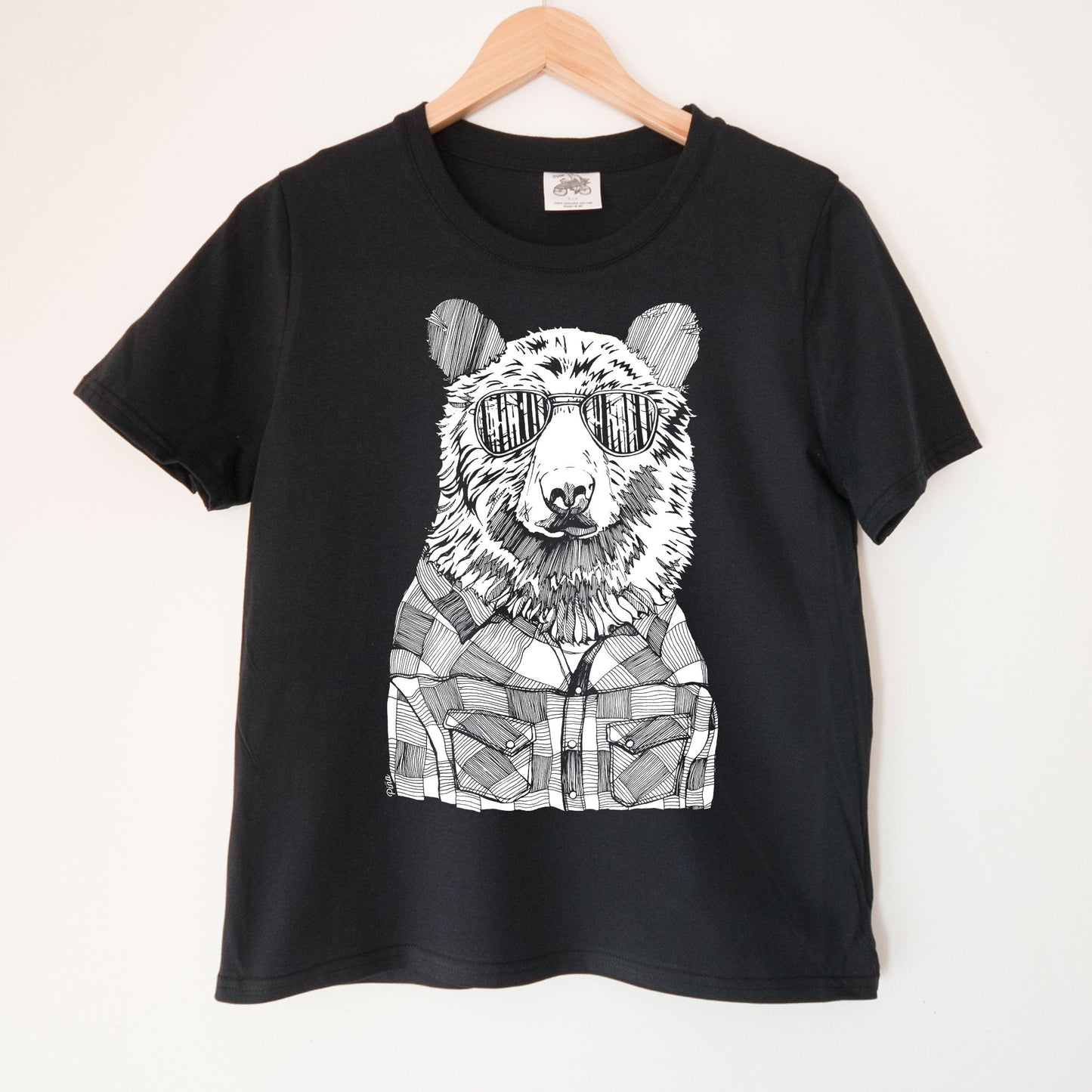 Hipster Bear in White Negative Kennedy Lake Ladies Organic Cotton Tee