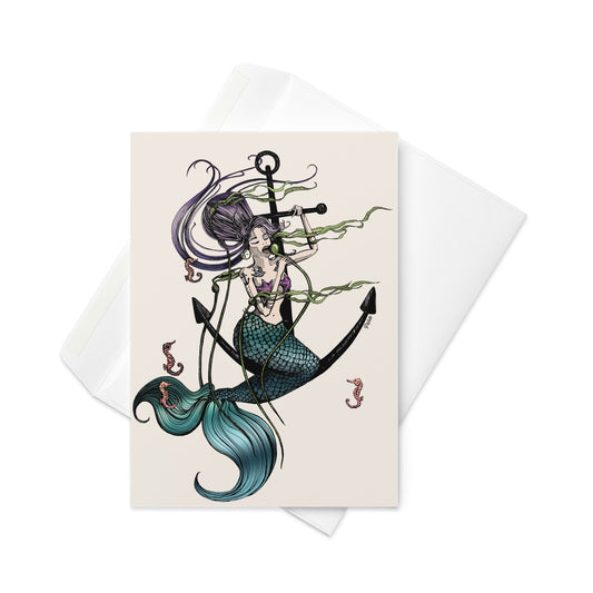 Mermaid Singing with Seahorses Colour Greeting Card