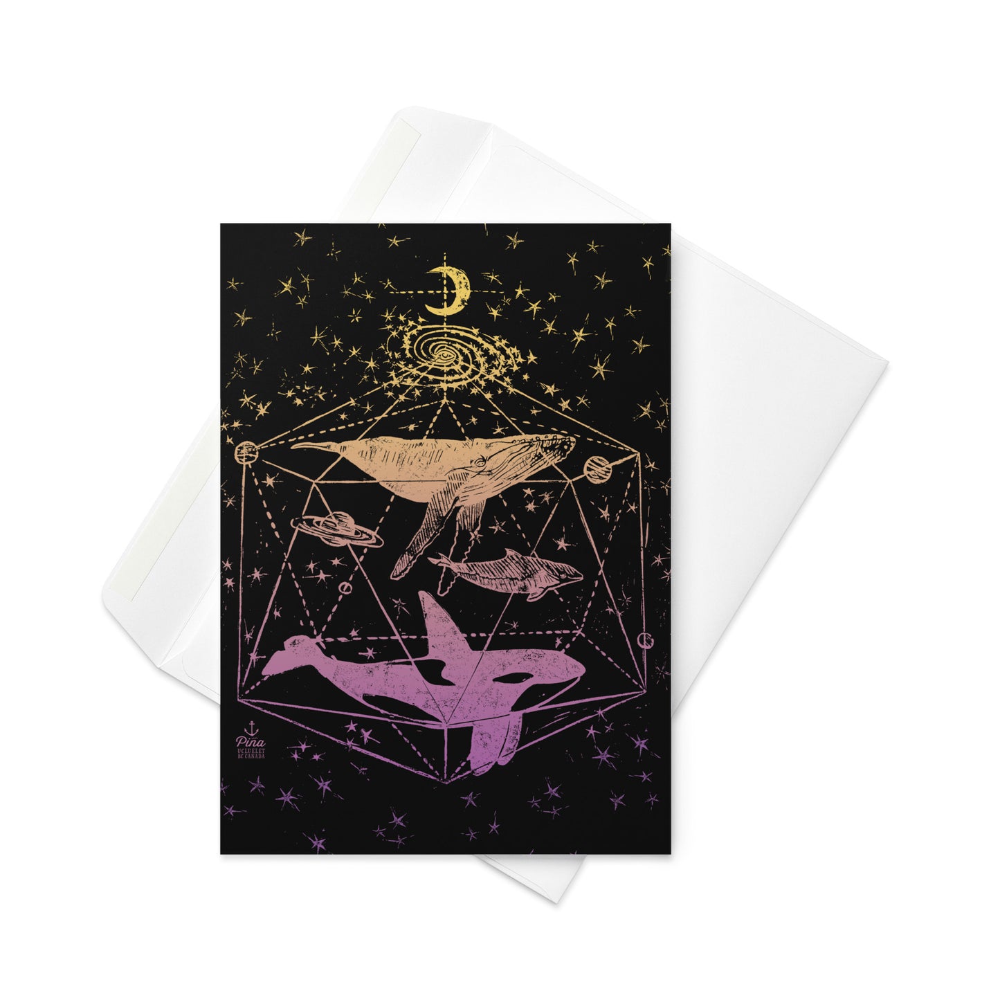 Galactic Whales Colour on Black Greeting Card