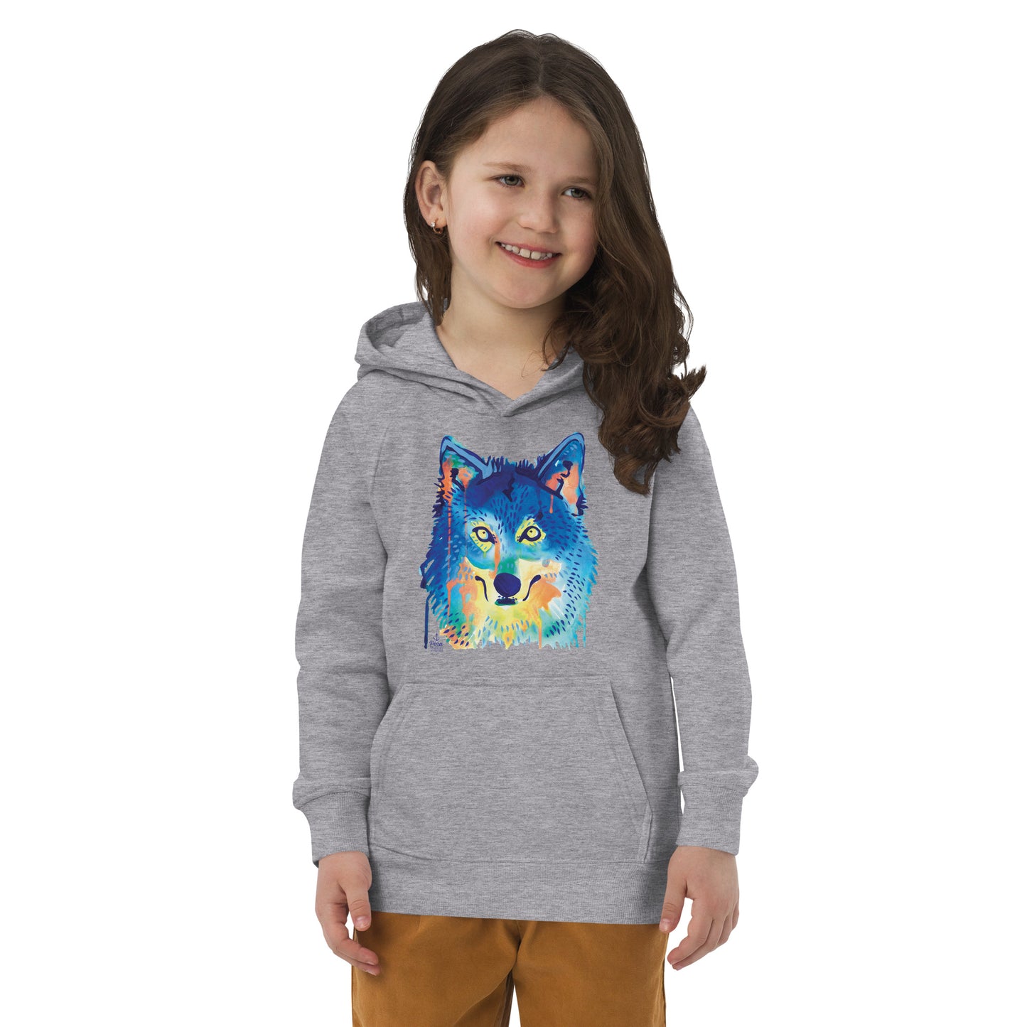 Watercolour Wolf Face Kids Eco Hoodie