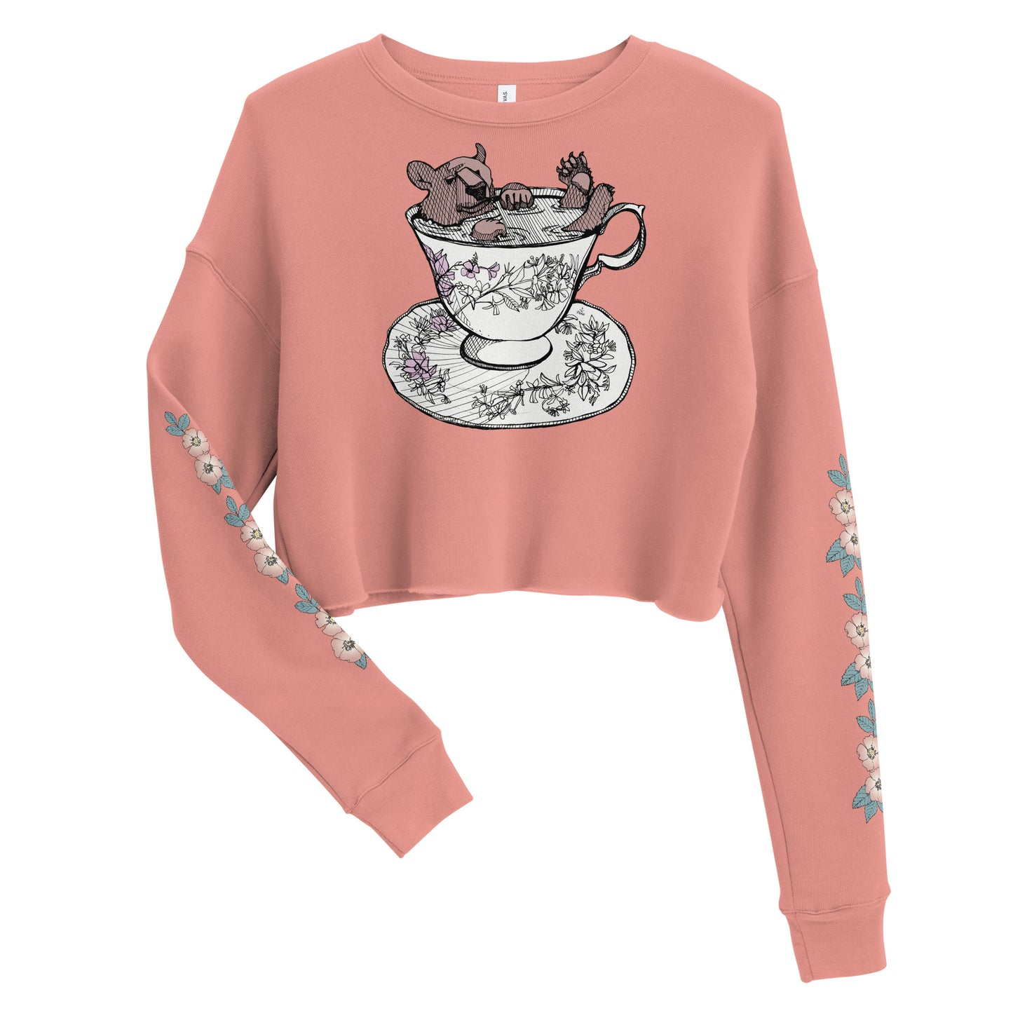 Bear in Teacup With Floral Sleeves Crop Sweatshirt
