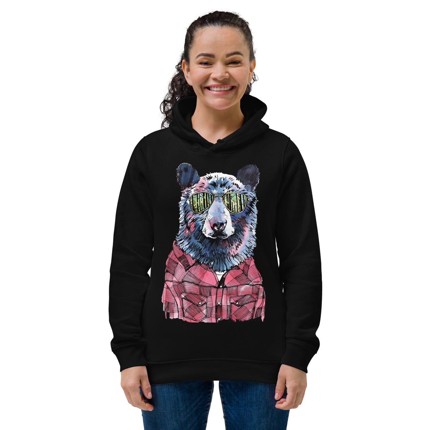 Hipster Bear Ladies Eco Fitted Hoodie
