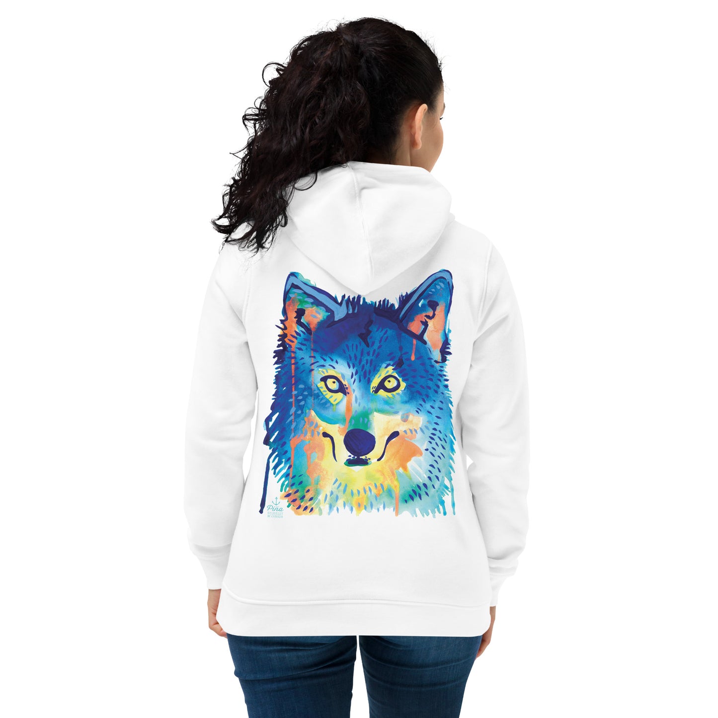 Watercolour Wolf Face Ladies Eco Fitted Hoodie